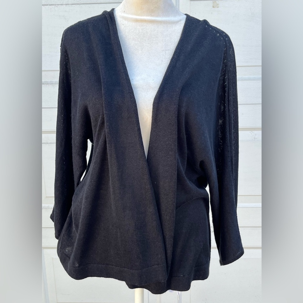 J Jill Linen Blend Black Open Front 3/4 Sleeve Cardigan Sweater Size L